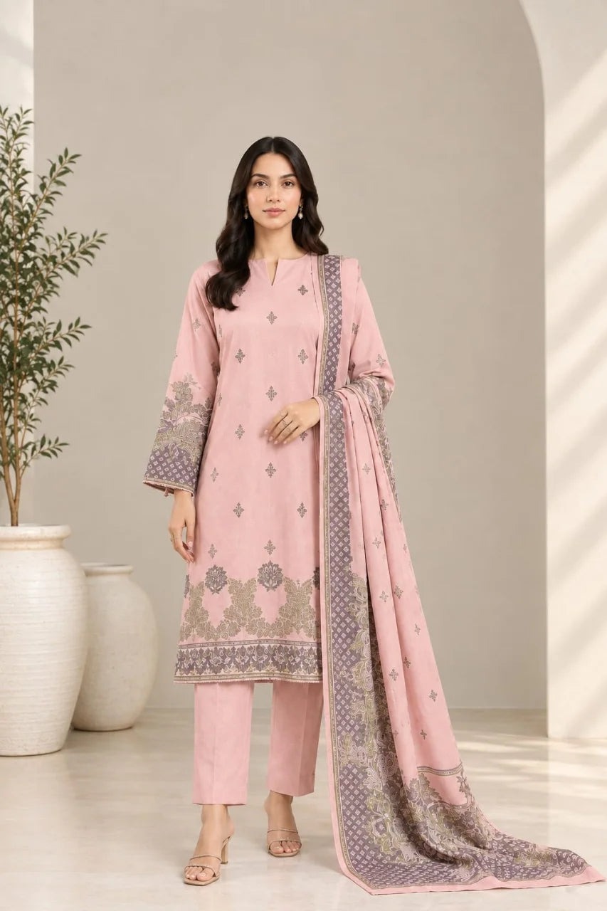 A woman modeling a light pink three-piece ethnic suit with matching trousers and a long dupatta featuring lavender and gold floral patterns, set against a neutral beige background with decorative white vases.