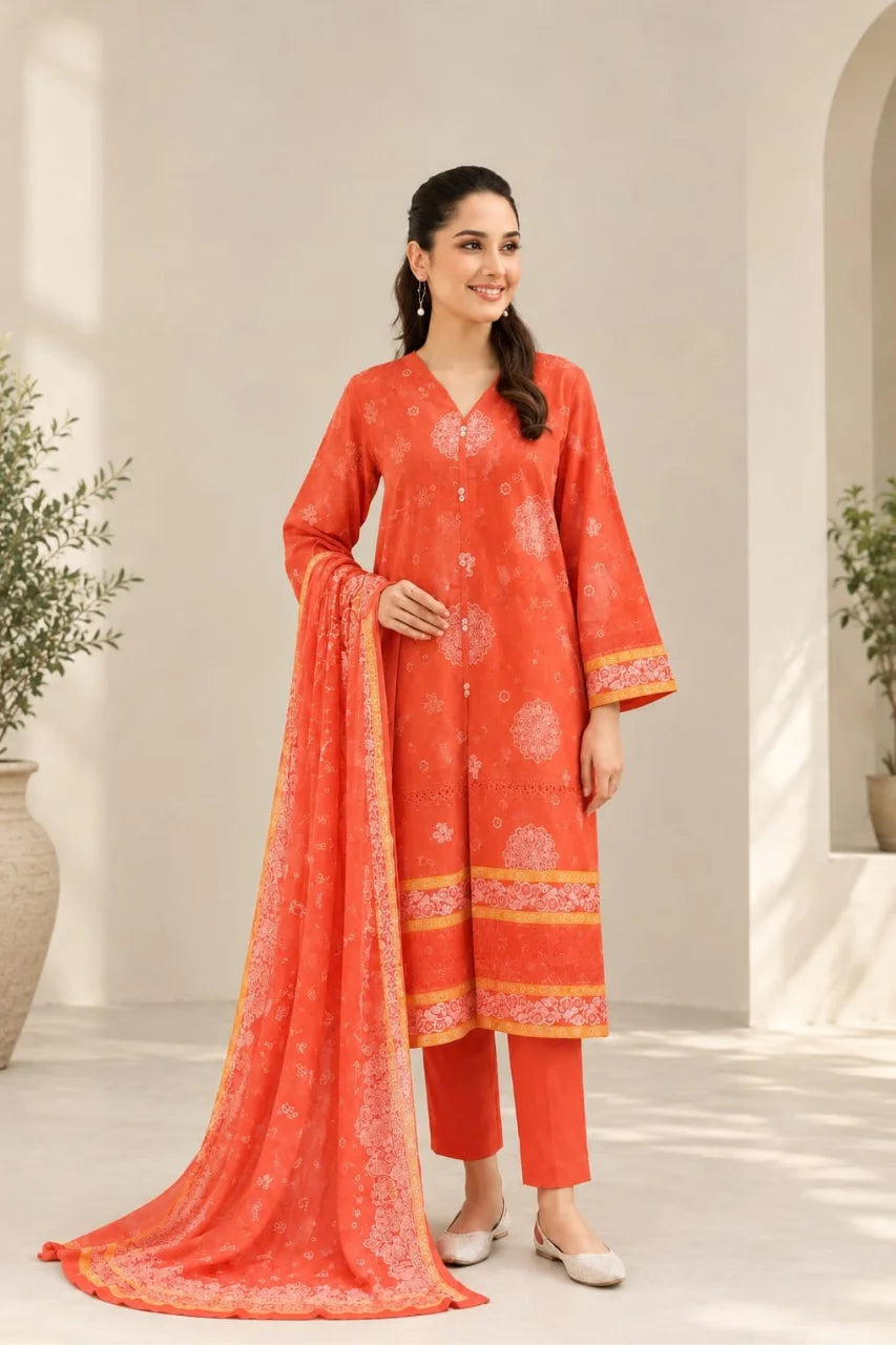 A woman models a traditional salwar kameez suit in a bright coral-orange color with white floral prints and gold borders, paired with matching orange pants and a sheer dupatta, set against a minimalist beige background with potted plants.