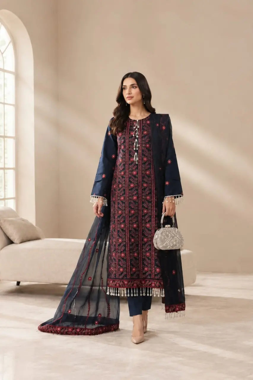 Women’s winter dress in premium fabric, featuring an elegant traditional design, perfect for the winter season.