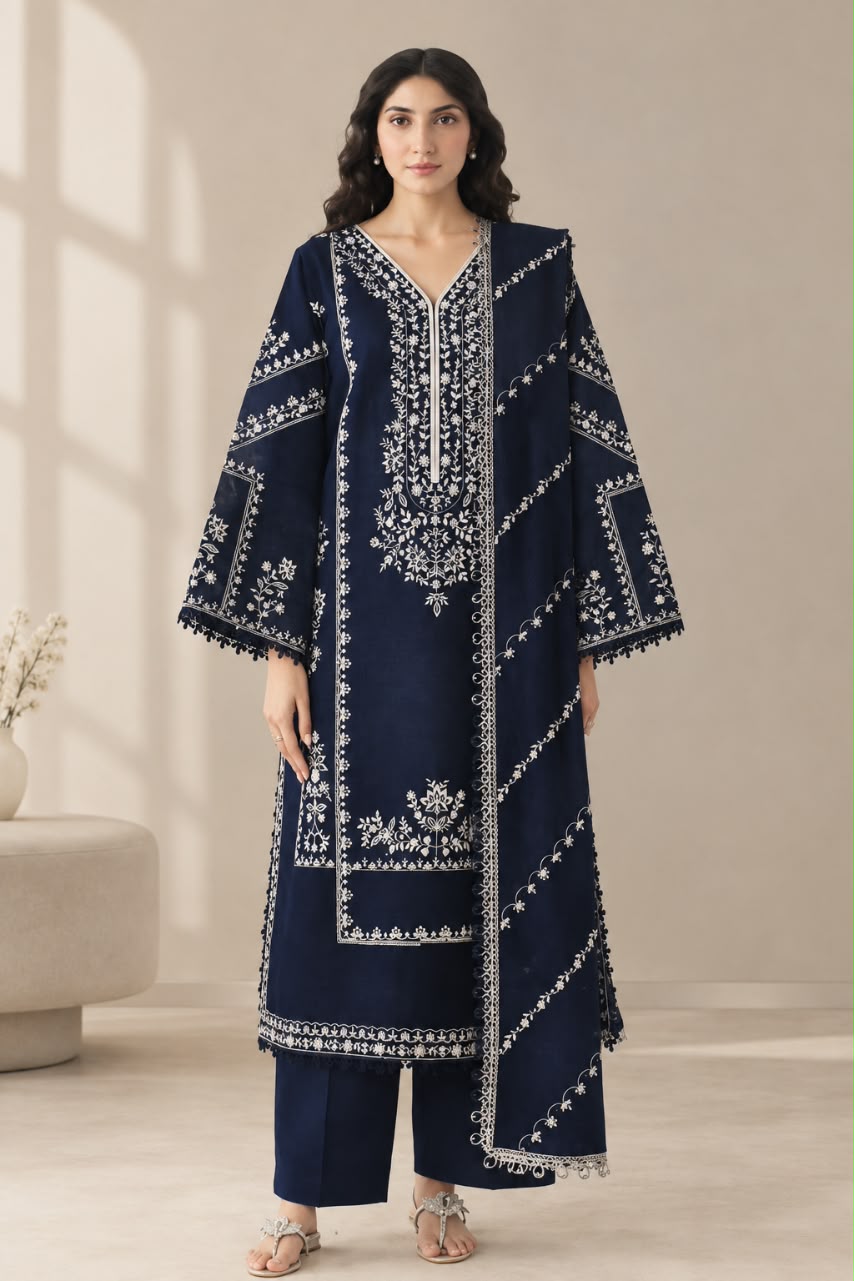 Sage Linen Viscose Meh-Embroidered 3-Piece Suit IM-02
