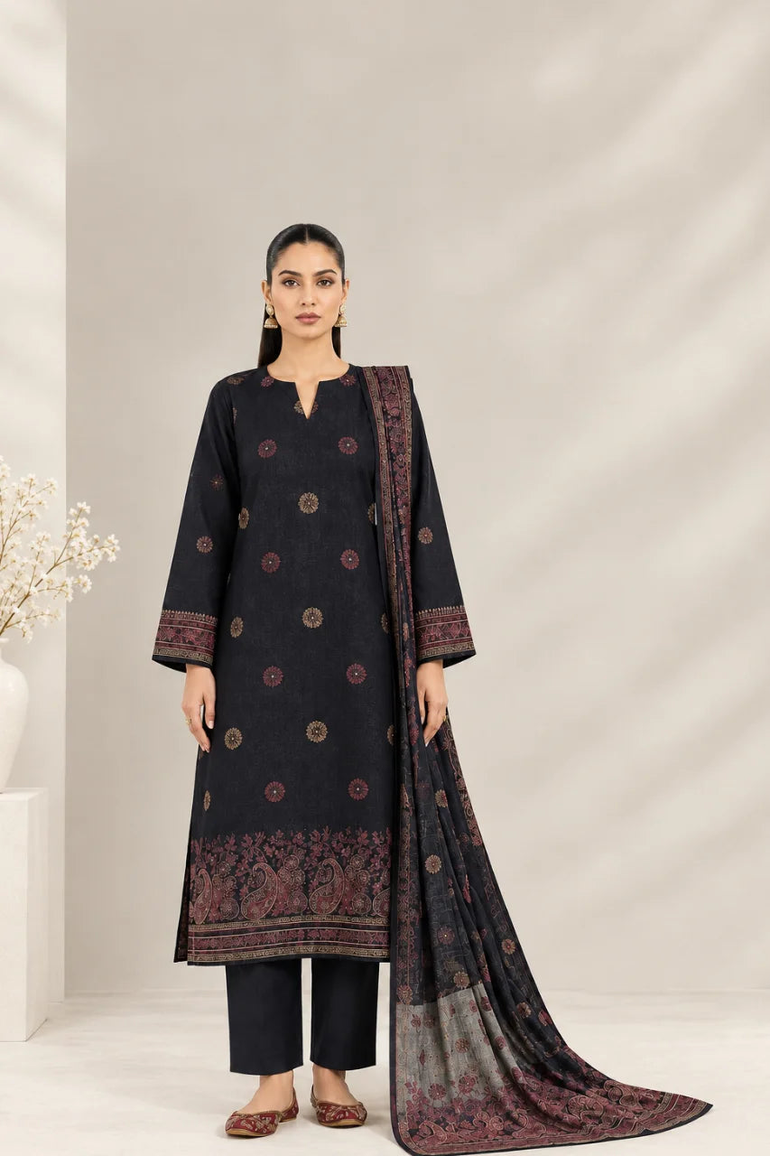 A woman modeling a black three-piece traditional outfit with dark red and gold printed patterns, consisting of a long kurta, matching trousers, and a dupatta, set against a neutral beige background.